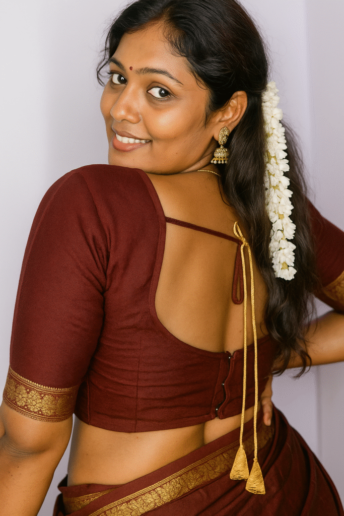 A back-facing, slightly over-the-shoulder shot of a woman with medium brown skin, dark eyes, and dark hair pulled to her right side, adorned with a long string of white jasmine flowers cascading down. She is turned to her right, looking at the camera with a wide smile. She is wearing a deep maroon saree with a golden patterned border, paired with a matching blouse that has a deep square neckline in the back. A gold string with tassels hangs down her back from the blouse. A gold earring is visible on her right ear, and a nose stud is on her left nostril. The background is a plain, light-colored wall.