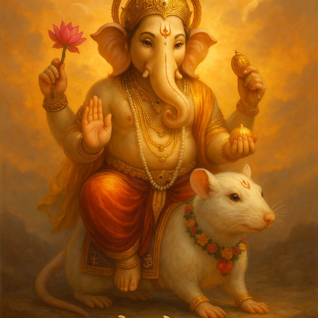 A warm and regal depiction of Lord Ganesha, with golden-hued skin, seated on his vahana (mount), a large white mouse. Ganesha is adorned with a golden crown and jewelry, including multiple necklaces and armbands. He holds a pink lotus flower in his upper right hand and a modak (sweet) in his lower left hand. His lower right hand is raised in a gesture of blessing (Abhaya Mudra). The white mouse has a red tilak on its forehead and is adorned with a colorful floral garland around its neck. The background features soft, warm, golden clouds, suggesting a divine and ethereal setting.