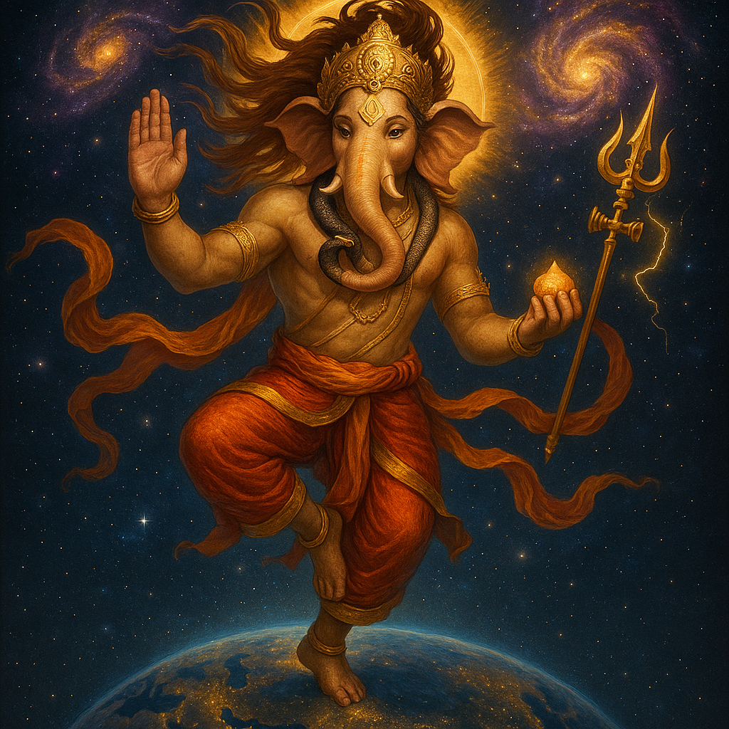 A dynamic and cosmic depiction of Lord Ganesha, with golden-orange skin, performing a dance or powerful pose, balancing on one leg on top of a glowing Earth. His right hand is raised in a gesture of blessing or protection, and he wears an elaborate golden crown with a peacock feather, and golden ornaments including necklaces and armbands. A dark snake is coiled around his left arm. His left hand holds a golden trident with lightning-like energy emanating from it, and a modak (sweet) or fruit is held near the base of the trident. Orange sashes or fabric flow around him, matching his dhoti. A bright golden halo emanates from behind his head. The background is a vast, starry cosmic sky with multiple spiral galaxies visible. The Earth beneath him glows with city lights.