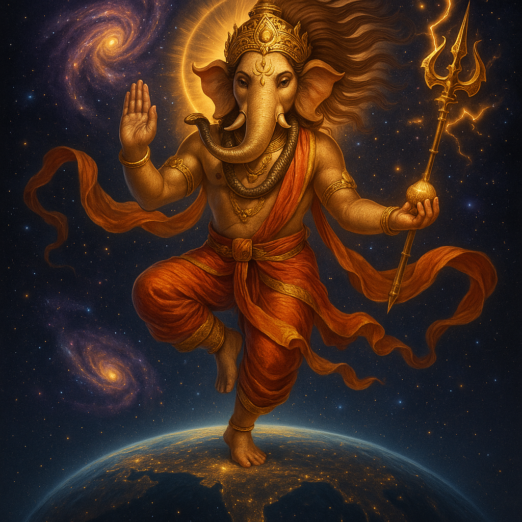 A dynamic and cosmic depiction of Lord Ganesha, with golden-orange skin, performing a dance or powerful pose, balancing on one leg on top of a glowing Earth. His right hand is raised in a gesture of blessing or protection, and he wears an elaborate golden crown with a peacock feather, and golden ornaments including necklaces and armbands. His left hand holds a golden trident with lightning-like energy emanating from it. Orange sashes or fabric flow around him, matching his dhoti. A bright golden halo emanates from behind his head. The background is a vast, starry cosmic sky with multiple spiral galaxies visible. The Earth beneath him glows with city lights.