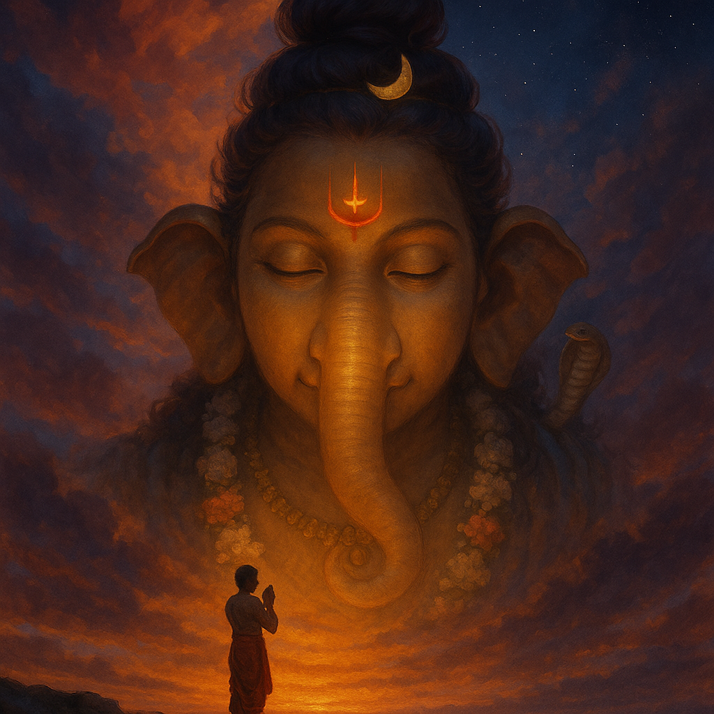 A majestic and serene depiction of Lord Ganesha as a colossal golden-skinned head emerging from a vibrant sky filled with orange, purple, and blue clouds. His eyes are closed in meditation, with a prominent red tilak and crescent moon adorning his forehead. A dark cobra is visible behind his left shoulder, subtly rising from the clouds. In the foreground, a small figure in a red dhoti stands on a rocky outcrop, facing Ganesha with hands pressed together in prayer. The sky transitions from a fiery sunset/sunrise orange at the horizon to a deep, starry blue at the top. The overall scene evokes a sense of spiritual reverence and divine presence.