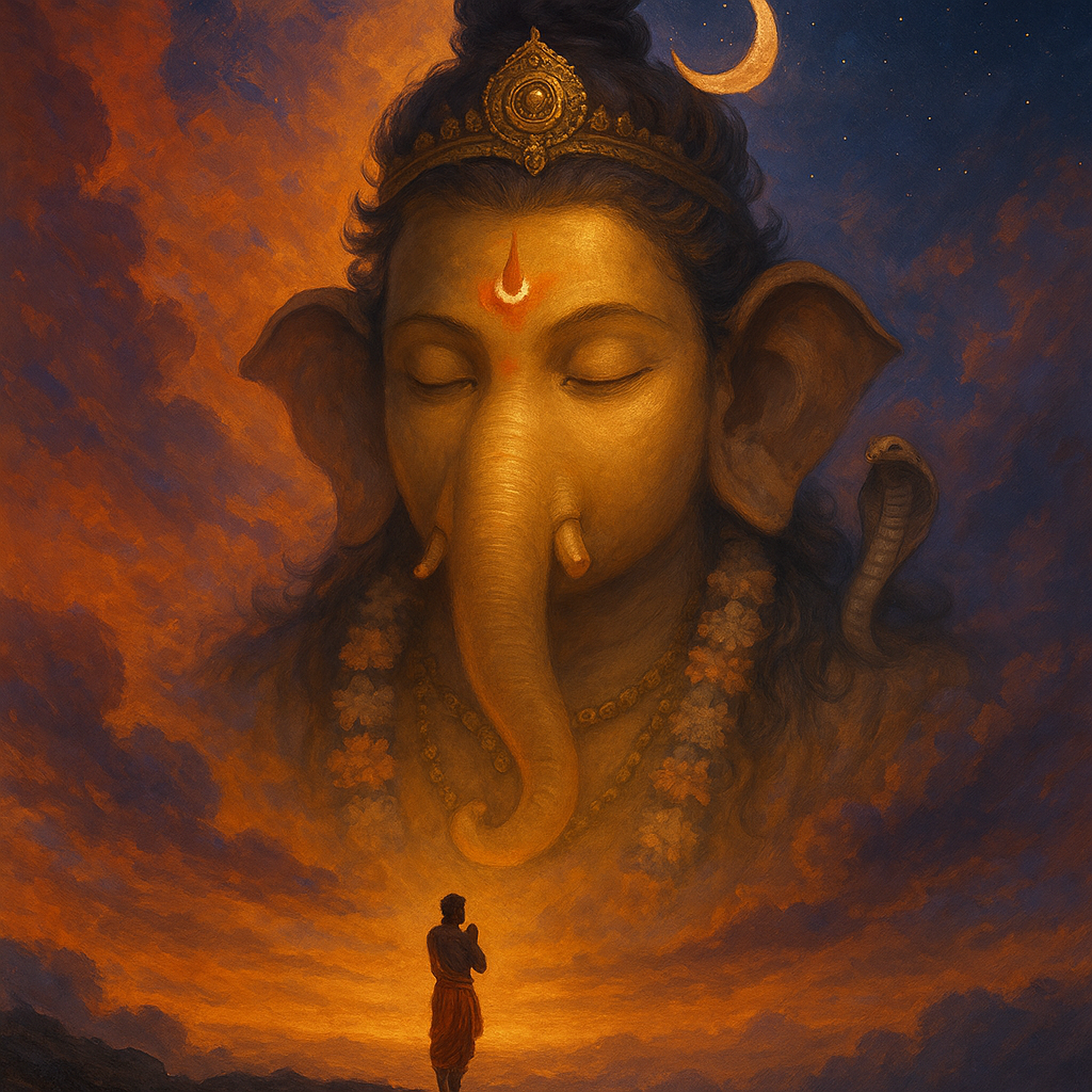A majestic and serene depiction of Lord Ganesha as a colossal golden-skinned head emerging from a vibrant sky filled with orange, purple, and blue clouds. His eyes are closed in meditation, with a prominent red tilak and crescent moon adorning his forehead. A dark cobra is visible behind his left shoulder, subtly rising from the clouds. In the foreground, a small figure in a red dhoti stands on a rocky outcrop, facing Ganesha with hands pressed together in prayer. The sky transitions from a fiery sunset/sunrise orange at the horizon to a deep, starry blue at the top. The overall scene evokes a sense of spiritual reverence and divine presence.