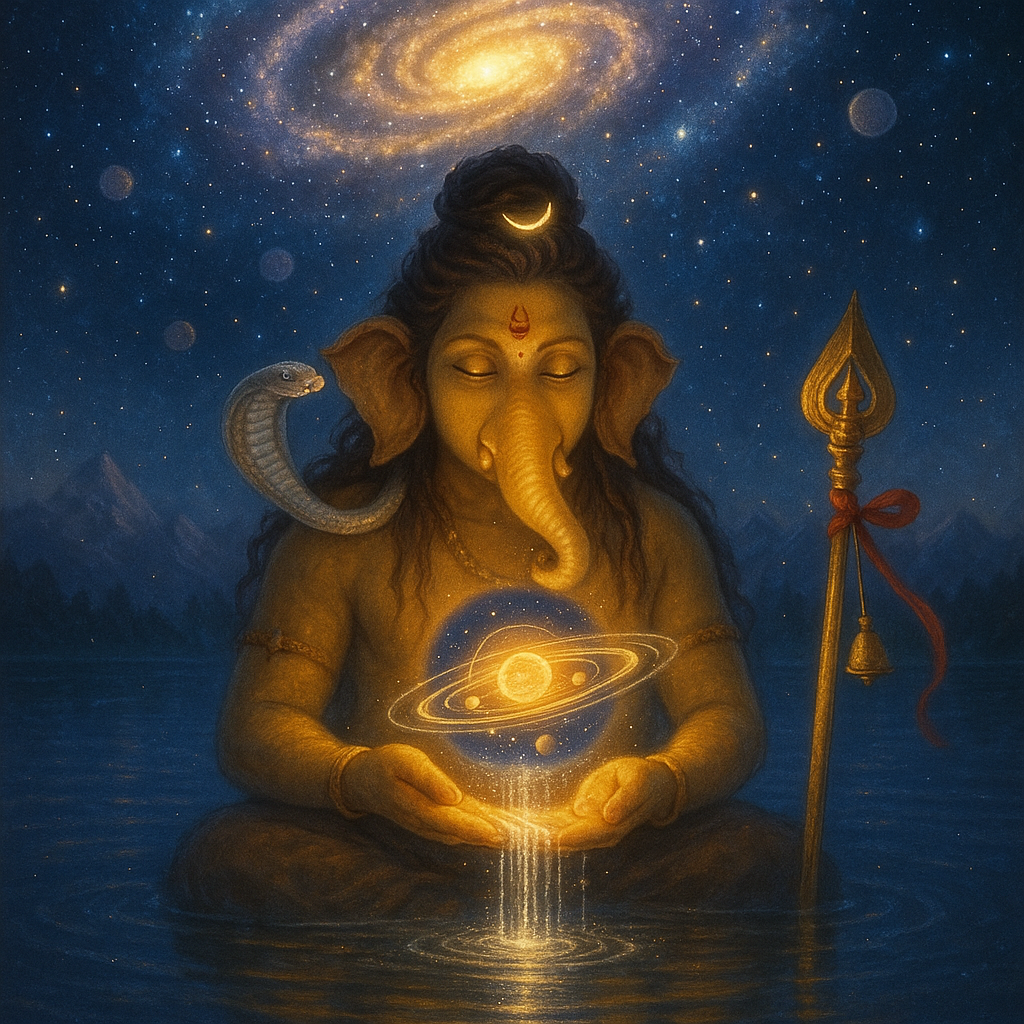 A serene and cosmic depiction of Lord Ganesha, with golden-hued skin, meditating while sitting cross-legged in calm water. His eyes are closed, and a subtle red tilak and crescent moon adorn his forehead. His trunk is curled to the left. A cobra is coiled around his left shoulder. In his cupped hands, a glowing miniature solar system with a prominent ringed planet (like Saturn) and other celestial bodies is depicted, from which a stream of luminous energy or water flows down into the water around him, creating ripples of light. To his right, a golden trident with a bell and red ribbon stands upright. The background is a vast, starry night sky with a bright spiral galaxy directly above his head and several planets scattered throughout. Distant mountains are faintly visible under the starry sky. The overall impression is one of divine creation and universal connection.