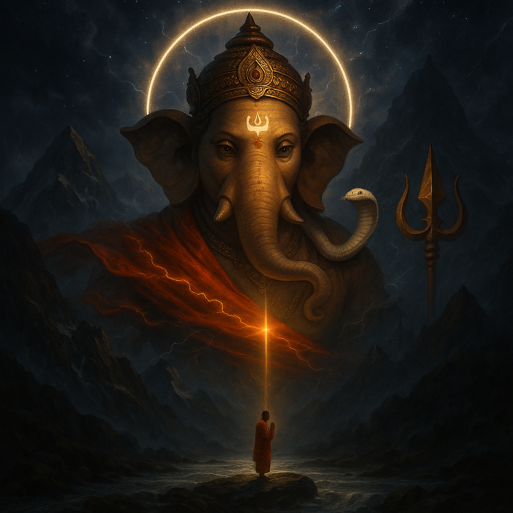 A dramatic and powerful depiction of Lord Ganesha, appearing as a colossal grey-skinned bust emerging from behind dark, jagged mountains. His head is adorned with a golden crown and a golden tilak mark on his forehead. A bright, glowing golden ring of light encircles his head. A thick, grey cobra with a raised hood is coiled behind his right shoulder. A large golden trident stands upright to his left. A vibrant orange-red fabric or sash billows dynamically across his chest, with a bright, glowing orange-yellow lightning bolt emanating downwards from it. In the foreground, a small figure, presumably a devotee or sadhu in a red robe, stands on a rock in a body of water, facing Ganesha with hands pressed together in prayer, receiving the light. The scene is set under a dark, stormy, star-filled sky.