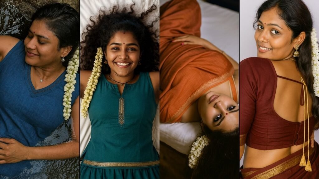 A collage of four portraits of young Indian women. The first image on the left shows a woman with her eyes closed, partially submerged in water, wearing a blue sleeveless top, with white flowers in her dark hair. The second image, to her right, features a smiling woman with curly dark hair, lying down and looking up at the camera, wearing a dark teal sleeveless top with gold trim, also with white flowers in her hair. The third image, further to the right, shows a woman lying down on her side, looking up, wearing an orange saree, with white flowers in her hair near her ear. The fourth image, on the far right, is a back view of a woman with long dark hair adorned with white flowers, looking over her shoulder at the camera and smiling slightly. She is wearing a maroon backless blouse and a matching saree with a gold border, revealing her bare back.