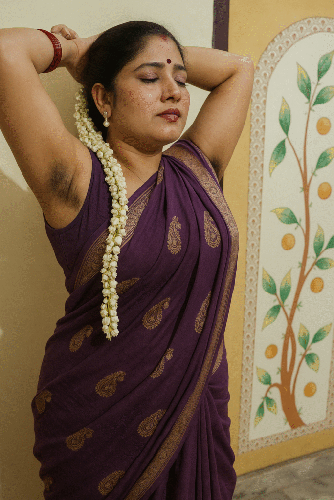 A medium shot of a woman with medium brown skin, dark hair pulled up, and her eyes closed, with her arms raised behind her head. A long string of white jasmine flowers cascades down from her hair on the left side. She is wearing a deep purple saree with intricate gold paisley patterns and a matching sleeveless blouse. A small red bindi is on her forehead, and red bangles are visible on her left wrist. A single pearl earring is in her right ear. The background is a light-colored wall with a decorative archway and a painted tree motif with orange fruits and green leaves.
