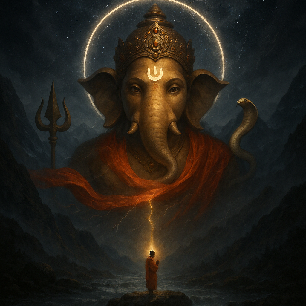 A dramatic and powerful depiction of Lord Ganesha, appearing as a colossal grey-skinned bust emerging from behind dark, jagged mountains. His head is adorned with a golden crown and a golden tilak mark on his forehead. A bright, glowing golden ring of light encircles his head. A thick, grey cobra with a raised hood is coiled behind his right shoulder. A large golden trident stands upright to his left. A vibrant orange-red fabric or sash billows dynamically across his chest, with a bright, glowing orange-yellow lightning bolt emanating downwards from it. In the foreground, a small figure, presumably a devotee or sadhu in a red robe, stands on a rock in a body of water, facing Ganesha with hands pressed together in prayer, receiving the light. The scene is set under a dark, stormy, star-filled sky.