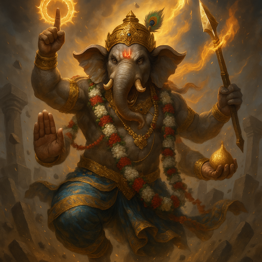 A dynamic and powerful four-armed depiction of Lord Ganesha with grey, elephantine skin, in a pose suggesting movement or action. He wears a golden crown adorned with a peacock feather, and multiple golden ornaments, including necklaces and armbands. A long garland of red, white, and green flowers drapes around his neck. His elephant head has fierce red eyes, prominent tusks, and a red tilak mark on his forehead. In his upper right hand, he holds a glowing golden discus or chakra, and in his lower left hand, a golden modak (sweet) or fruit. His upper left hand holds a flaming golden spear or weapon, and his lower right hand is raised in a gesture of blessing or protection (Abhaya Mudra). He wears a blue and golden dhoti. The background is a chaotic scene of crumbling grey structures and swirling golden light, emanating from behind and around him. The overall impression is one of immense divine power and fierce determination.