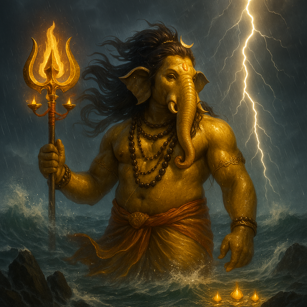 A powerful and dramatic depiction of Lord Ganesha with golden-brown skin, standing amidst stormy, dark blue-grey ocean waves. His left hand holds a tall, ornate golden trident, topped with a flaming tri-pronged head and two smaller flaming elements near the base. His right hand is raised in a gesture of blessing or protection. His elephant head features large ears, a prominent trunk curled to the left, and tusks. A crescent moon and a tilak mark are visible on his forehead, and his dark hair flows dynamically around his head. He wears dark bead necklaces and a reddish-brown lower garment. A bright, jagged bolt of lightning strikes diagonally from the dark, cloudy sky behind him, illuminating the scene.