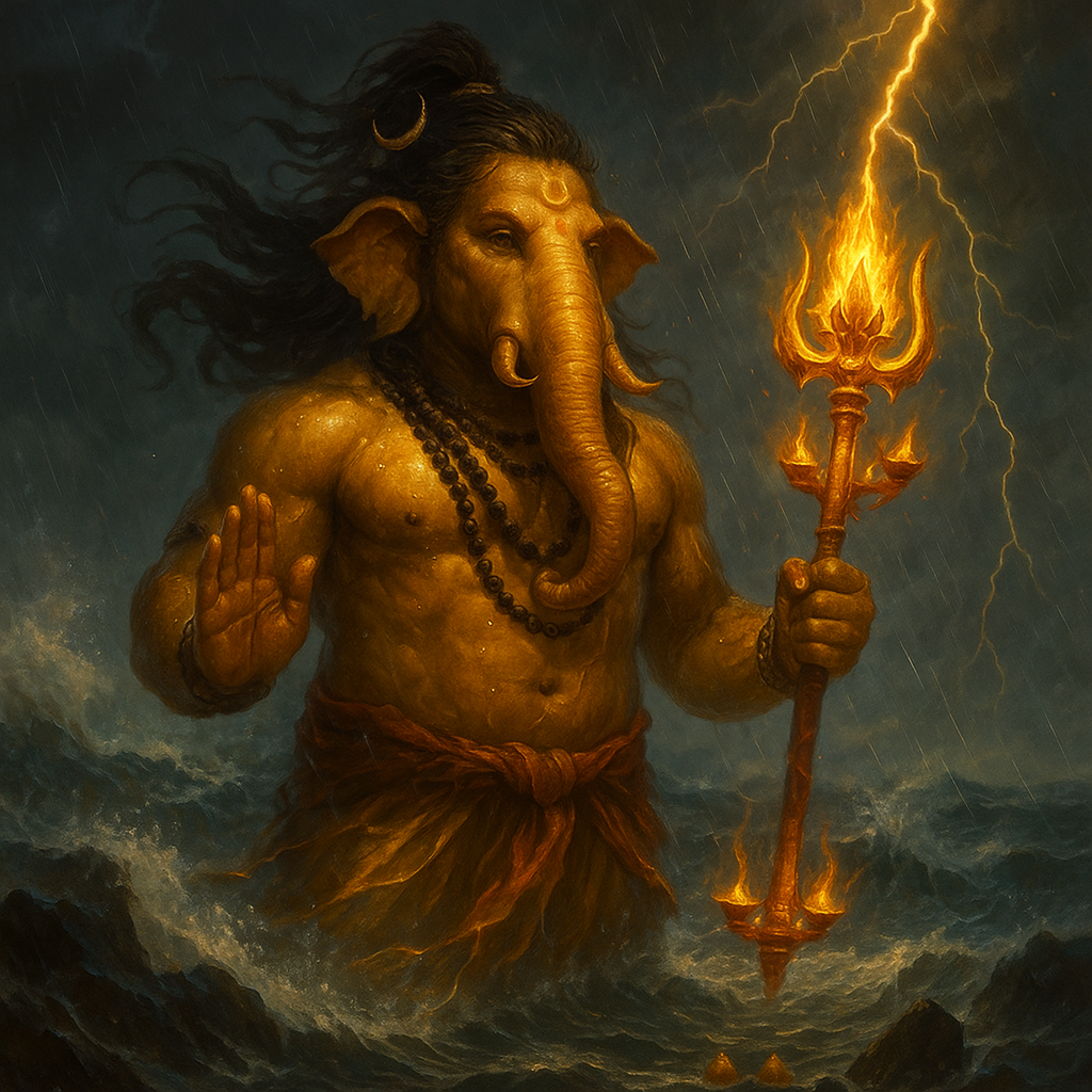 A powerful and dramatic depiction of Lord Ganesha with golden skin, standing chest-deep in stormy, dark ocean waves. His left hand firmly grips a golden trident with flames emanating from its prongs and two smaller lamp-like elements. His right hand is slightly extended forward, palm open. His elephant head features large ears, a long trunk curled to the left, and tusks. A crescent moon and a tilak mark are visible on his forehead, and his dark, flowing hair is windswept. He wears multiple dark bead necklaces and an orange lower garment. To his right, three small, glowing oil lamps float on the water. A jagged bolt of lightning strikes diagonally from the dark, cloudy sky behind him, illuminating the scene. The image filename "Ganesh Chaturthi 2025 DP Images for free.jpg" is a title, not part of the visual content.