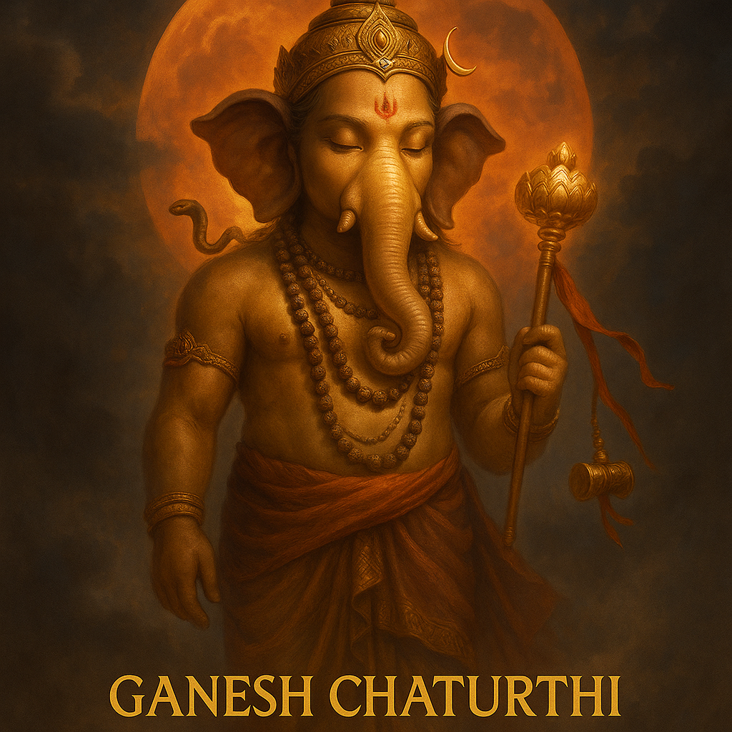 A majestic and serene depiction of Lord Ganesha with golden-brown skin, standing with his eyes closed in what appears to be a meditative or contemplative pose. He wears a golden crown, multiple dark bead necklaces, and an orange-red lower garment. A small crescent moon is visible on his forehead, along with a red tilak. In his right hand, he holds a golden staff topped with a trident-like symbol and a small damaru (drum) below it. A snake is subtly coiled around his left arm. Behind him, a large, glowing orange full moon or sun is visible, casting a warm light against a dark, cloudy sky. Below the image, in prominent golden letters, the text "GANESH CHATURTHI" is displayed.
