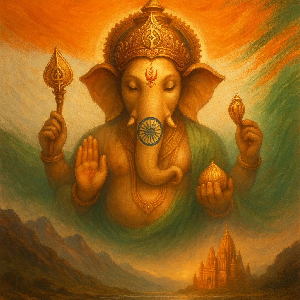 A majestic and symbolic depiction of Lord Ganesha, with a light golden hue, emerging from a misty landscape, against a background resembling the Indian flag. His eyes are closed in meditation, and he wears a golden crown and ornaments. His lower right hand is raised in a gesture of blessing (Abhaya Mudra), while his upper right hand holds a golden lotus bud or flame-like object. His lower left hand holds a golden modak (sweet), and his upper left hand holds an ankusha (elephant goad). A prominent Ashoka Chakra is visible on his chest, aligning with the white stripe of the flag. The background features a large, stylized Indian flag with saffron, white, and green vertical stripes, blending into a golden halo behind Ganesha's head. Below, a serene lake reflects a distant, glowing temple complex, framed by dark mountains under a soft, cloudy sky.