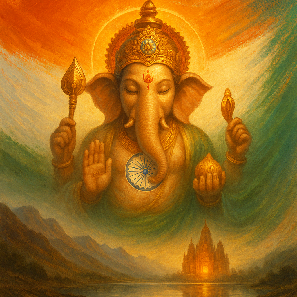 A majestic and symbolic depiction of Lord Ganesha, with a light golden hue, emerging from a misty landscape. His eyes are closed in meditation, and he wears a golden crown and ornaments. His lower right hand is raised in a gesture of blessing (Abhaya Mudra), while his upper right hand holds a golden lotus bud or flame-like object. His lower left hand holds a modak (sweet), and his upper left hand holds an ankusha (elephant goad). A subtle Ashoka Chakra is visible on his chest. The background features a large, stylized Indian flag with saffron, white, and green vertical stripes, blending into a golden halo behind Ganesha's head. Below, a serene lake reflects a distant, glowing temple complex, framed by dark mountains under a soft, cloudy sky.
