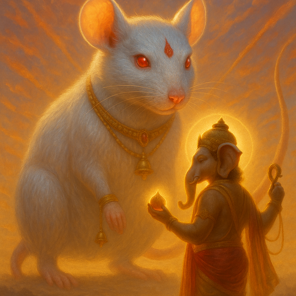 A warm and symbolic digital illustration depicting a massive white mouse (possibly Mushika, Ganesha's mount) on the left, with glowing red eyes and adorned with a golden necklace. Its attention is directed towards a smaller, golden-skinned Lord Ganesha on the right. Ganesha, depicted with a crown and traditional attire, stands facing the mouse. He holds a golden modak (sweet) in his left hand and a pink lotus flower in his right. A bright golden halo radiates from behind Ganesha's head. The entire scene is bathed in the warm, orange glow of a sunrise or sunset, with a clear horizon line. The overall impression is one of gentle reverence and a divine connection.