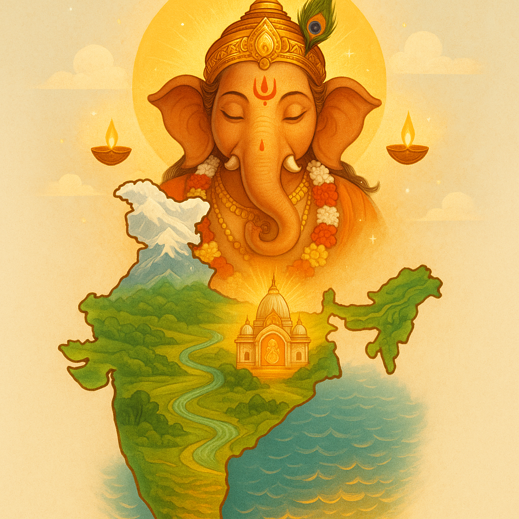 A warm and symbolic digital illustration featuring Lord Ganesha's bust rising above a stylized map of India. Lord Ganesha has a light orange or reddish-brown hue, with his eyes closed in serene meditation. He wears a golden crown adorned with a peacock feather, and a white and red tilak mark on his forehead. A large, glowing golden circle or sun is behind his head, and two traditional oil lamps (diyas) with flickering flames float on either side of his head. Below him, the outline of India is filled with various geographical features: snow-capped mountains in the north, green plains with winding rivers, a prominent white temple or monument in the center, and blue water representing the coastline. The entire image is set against a soft, light orange-yellow sky with subtle clouds.