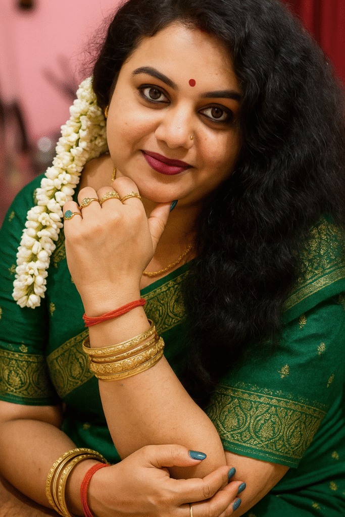 A medium close-up shot of a woman with light brown skin, dark eyes, and dark, wavy hair, with a string of white jasmine flowers tucked into her hair on the left side. She is looking directly at the camera with a subtle smile, her chin resting on her right hand. She is wearing a dark teal-colored saree with a gold patterned border, paired with a matching blouse. A small red bindi is on her forehead, and she has dark lipstick and eyeliner. A thin gold chain is visible around her neck, and a nose stud is on her left nostril. She has multiple gold and red bangles on both wrists, and gold rings on her fingers, including one with a green stone on her right index finger. Her fingernails are painted light blue. The background is softly blurred, showing hints of indoor lighting.