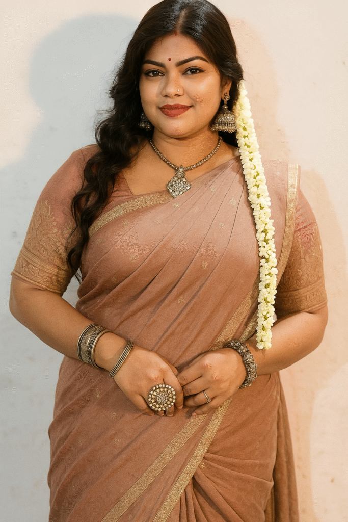 A medium close-up shot of a woman with medium brown skin, dark eyes, and dark, wavy hair, with a long string of white jasmine flowers cascading down her left side. She is looking slightly to her right with a gentle smile. She is wearing a muted rose-beige saree with a subtle gold patterned border, paired with a matching blouse that has intricate embroidery on the sleeves. A prominent silver-toned necklace with a large pendant and matching jhumka earrings adorn her. A small red bindi is on her forehead, and her lips are colored with a reddish-brown lipstick. She has multiple silver-toned bangles on both wrists and a large, ornate ring on her right middle finger, along with another ring on her right ring finger. Her hands are clasped in front of her. The background is a plain light-colored wall.