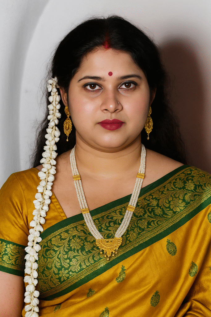 A medium close-up shot of a woman with light brown skin, dark eyes, and dark hair, with a long string of white jasmine flowers cascading down her left side. She is looking directly at the camera with a neutral expression. She is wearing a mustard yellow saree with a dark green border featuring gold floral patterns, paired with a matching blouse. A prominent multi-strand pearl necklace with a gold pendant and matching gold earrings adorn her. A small red bindi is on her forehead, and red lipstick is applied to her lips. The background is a plain light color, possibly a wall.