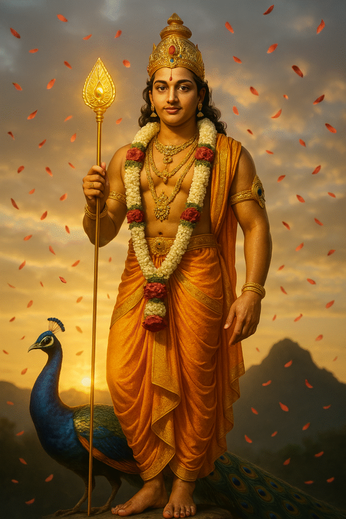 Murugan on Peacock at Sunrise (Vel Glow Scene) Prompts 2025