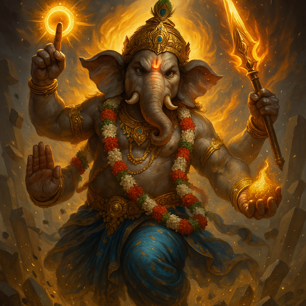 A powerful and dynamic four-armed depiction of Lord Ganesha with grey skin, standing amidst a dramatic, fiery, and chaotic background of crumbling rocks and swirling golden light. He wears a golden crown adorned with a peacock feather, and a long garland of red, white, and green flowers. His elephant head has fierce red eyes, prominent tusks, and a red tilak mark on his forehead. In his upper right hand, he holds a glowing golden discus or chakra, and in his lower left hand, a ball of fire. His upper left hand holds a flaming golden spear or weapon, and his lower right hand is raised in a gesture of blessing or protection. He wears a blue and golden lower garment. The overall impression is one of immense power and divine action.