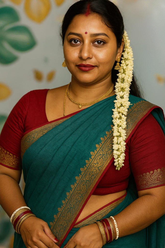 A medium close-up shot of a woman with medium brown skin, dark eyes, and dark hair, with a long string of white jasmine flowers cascading down her left side. She is looking directly at the camera with a slight smile. She is wearing a teal-colored saree with a dark red border featuring intricate gold patterns, paired with a matching dark red blouse. A delicate gold necklace and matching jhumka earrings adorn her. A small red bindi is on her forehead, and her lips are colored with a reddish-brown lipstick. She has a mix of red, white, and gold bangles on both wrists. The background is a soft, light color, possibly a wall with a faint floral pattern.