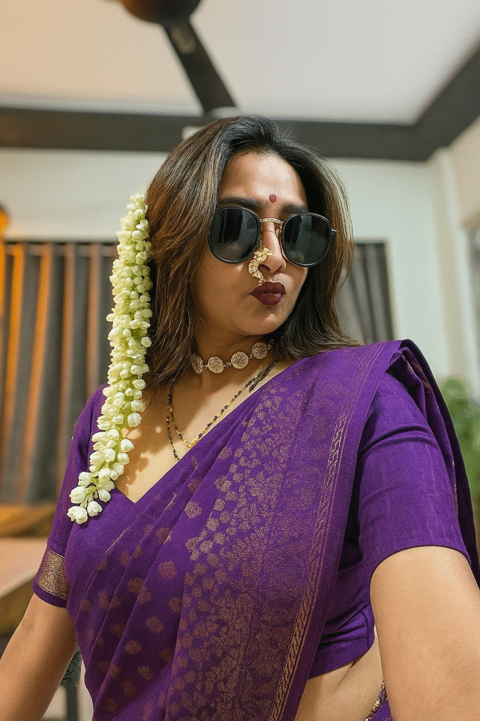 A medium close-up shot of a woman with medium brown skin and dark hair, wearing sunglasses and looking to her right with a confident expression. A long string of white jasmine flowers is tucked behind her left ear and cascades down her hair. She is wearing a deep purple saree with subtle gold patterns, paired with a matching blouse. A prominent gold nose ring with intricate detailing is on her right nostril, and her lips are colored with a deep berry lipstick. A small red bindi is on her forehead, and a gold choker necklace with circular motifs is around her neck, along with a delicate black beaded chain. The background is a dimly lit indoor setting with a curtain visible on the left.