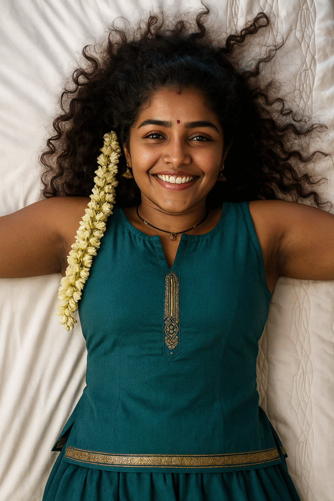 An overhead shot of a young woman with dark, curly hair and medium brown skin, lying on a white surface and looking up at the camera with a wide, joyful smile. A long string of white jasmine flowers is tucked into her hair on the left side, with small gold jhumka earrings visible. She is wearing a dark teal-colored sleeveless top with a gold embroidered V-neckline and a matching skirt with a gold patterned border at the waistline. A thin black choker necklace with a small gold pendant is around her neck, and a tiny red bindi is on her forehead. Her arms are extended outwards, and her curly hair frames her face against the white background.