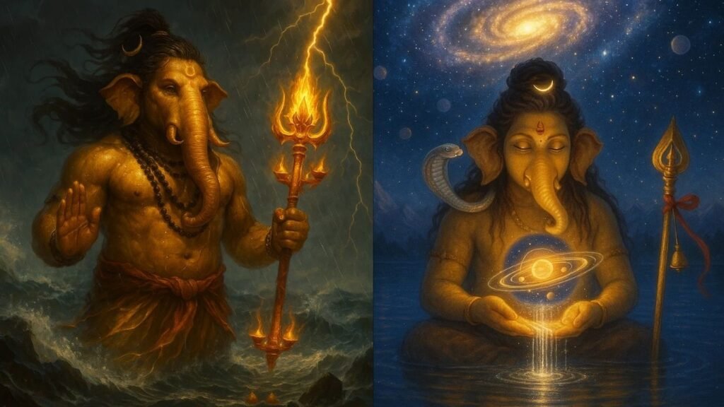 This image appears to be a promotional image for "Top 10 Ganesh Chaturthi 2025 AI Image Prompts to Generate Divine Art (Bing, Meta, etc.)." It's a diptych, meaning two distinct images presented side-by-side. Left Image (Dynamic Ganesha): A powerful depiction of Lord Ganesha with golden-brown skin, standing amidst stormy waves. He holds a flaming golden trident in his left hand, and his right hand is raised in a gesture of blessing or protection. His elephant head has large ears and tusks, and he wears dark bead necklaces and a red lower garment. Lightning strikes vividly from the sky behind him, adding to the dramatic atmosphere. Right Image (Cosmic Ganesha): A serene and meditative depiction of Lord Ganesha with golden-brown skin, sitting cross-legged in calm water. His eyes are closed in meditation. He holds a glowing miniature solar system or galaxy in his cupped hands, from which luminous energy flows downwards into the water. A cobra is coiled around his left shoulder. A golden crescent moon adorns his forehead. The background is a vast, star-filled cosmic sky with a prominent golden spiral galaxy above his head and distant mountains. To his right, a golden trident stands upright, emanating a soft glow.