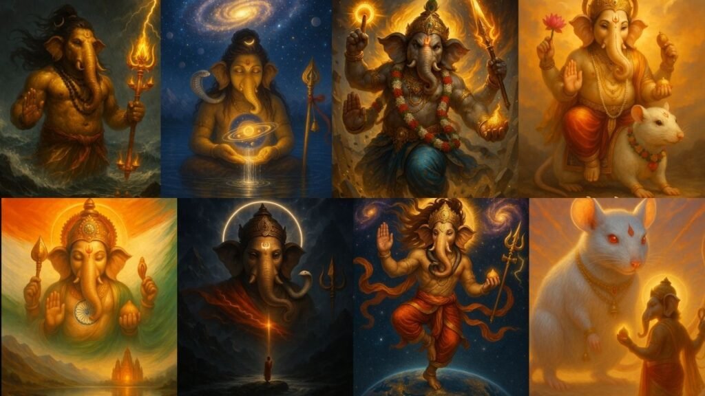 This image is a collage or grid of eight distinct images, all featuring different artistic depictions of Lord Ganesha, often in cosmic, powerful, or serene settings. It appears to be a promotional image for "Top 10 Ganesh Chaturthi 2025 WhatsApp DP Images (Free HD Downloads)." Here's a breakdown of the eight individual images, arranged in a 2x4 grid from left to right, top to bottom: Row 1: Top Left (Dynamic Ganesha in Storm): Lord Ganesha with golden-brown skin, standing in stormy waves, holding a flaming golden trident, with lightning striking from the sky. Top Second (Cosmic Meditating Ganesha): Lord Ganesha with golden-brown skin, meditating in calm water, holding a glowing miniature solar system in his hands. He is set against a starry cosmic background with a spiral galaxy. Top Third (Fierce Four-Armed Ganesha): A powerful, four-armed Lord Ganesha with grey skin, holding a flaming spear and a discus, set against a chaotic, fiery background of crumbling rocks. Top Right (Ganesha on Mouse): A warm and regal Lord Ganesha with golden-hued skin, seated on a large white mouse, holding a pink lotus and a modak. The background is a warm, golden sky. Row 2: 5. Bottom Left (Ganesha with Indian Flag): A majestic, golden-hued Lord Ganesha emerging from mist, with his hands in gestures of blessing and holding items, set against a background resembling the Indian flag. 6. Bottom Second (Ganesha and Devotee): A serene, colossal golden-skinned Ganesha head emerging from clouds, with a small devotee figure below, receiving a beam of light, set against a dark, starry sky. 7. Bottom Third (Cosmic Dancing Ganesha): A dynamic, golden-orange Ganesha balancing on one leg on the Earth, holding a trident, set against a vast, starry cosmic background with galaxies. 8. Bottom Right (Ganesha and Giant Mouse at Dawn): A massive white mouse looking towards a smaller, golden-skinned Ganesha, who holds a modak and lotus, all bathed in the warm glow of sunrise or sunset.