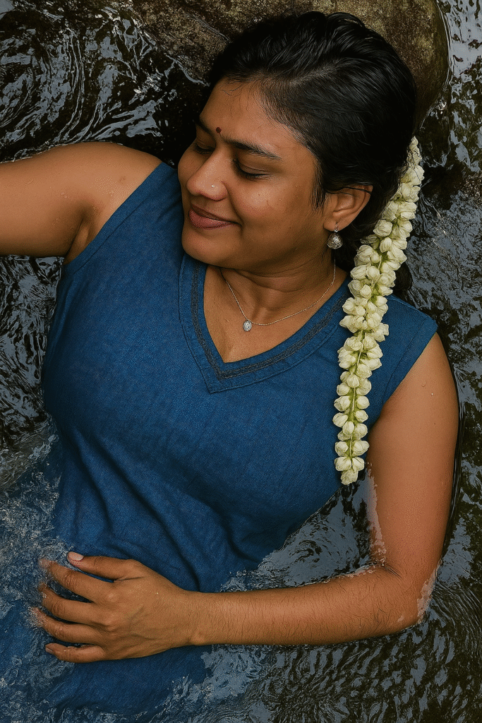 A medium close-up shot of a woman with medium brown skin and dark hair, lying partially submerged in water, looking to her right with a serene smile and closed eyes. A long string of white jasmine flowers is tucked into her hair on the right side. She is wearing a deep blue sleeveless top with a V-neckline. A delicate silver necklace with a small pendant is around her neck, and a silver earring is visible on her right ear. A small red bindi is on her forehead. Her hands are resting on her abdomen, and the water around her reflects the dark, textured surface of what appears to be a natural body of water or a pool.