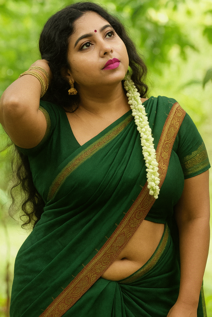 A portrait of a woman with long, dark, wavy hair, looking up and to the side. She is wearing a deep green saree with a red and golden patterned border. A long string of white jasmine flowers, known as a Gajra, is tucked into her hair. She is wearing a prominent gold necklace with a pendant and large gold jhumka earrings. A red bindi is on her forehead, and her lips are painted a vibrant pink. The background is a blurred, lush, green forest.