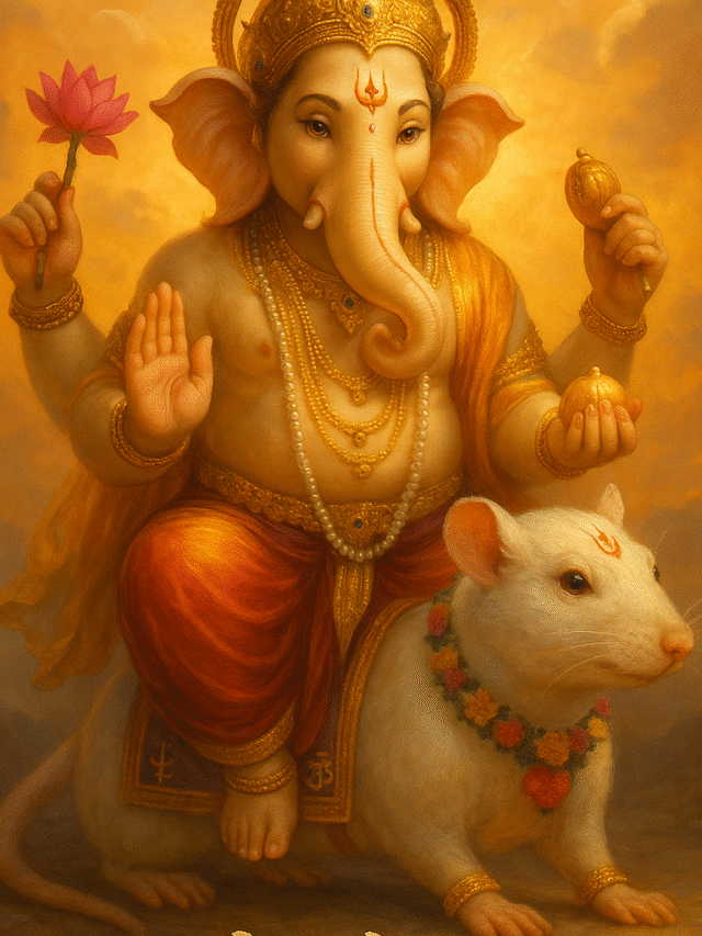 A warm and regal depiction of Lord Ganesha, with golden-hued skin, seated on his vahana (mount), a large white mouse. Ganesha is adorned with a golden crown and jewelry, including multiple necklaces and armbands. He holds a pink lotus flower in his upper right hand and a modak (sweet) in his lower left hand. His lower right hand is raised in a gesture of blessing (Abhaya Mudra). The white mouse has a red tilak on its forehead and is adorned with a colorful floral garland around its neck. The background features soft, warm, golden clouds, suggesting a divine and ethereal setting.