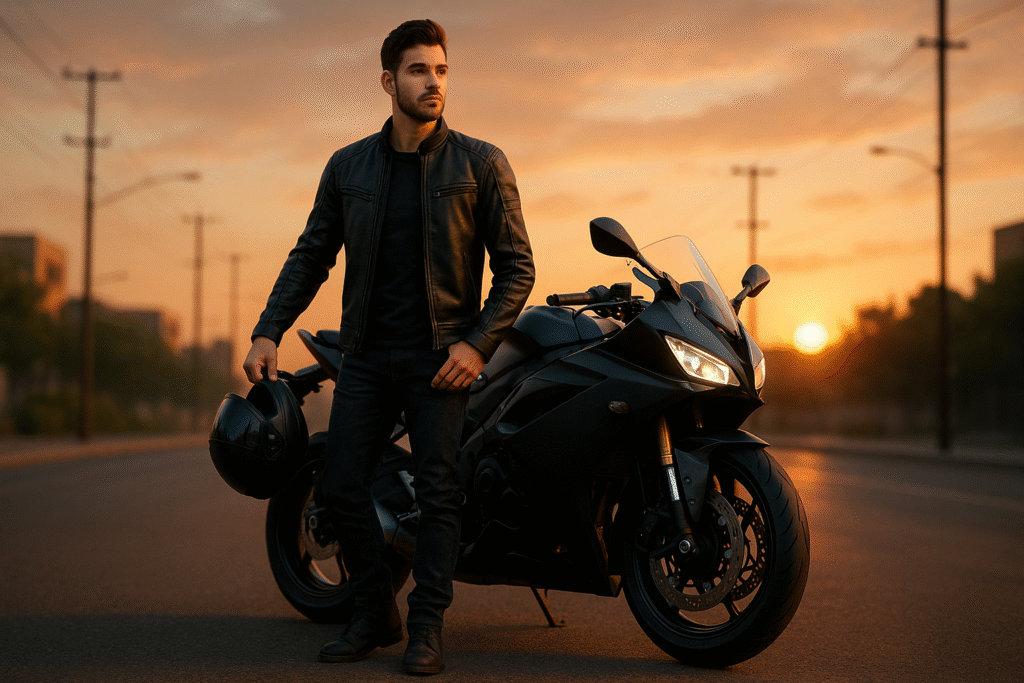 Full-body portrait of a biker standing beside a black sport motorcycle on a sunset-lit street with cinematic lighting.