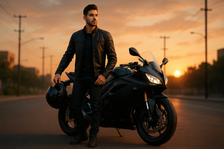 Full-body portrait of a biker standing beside a black sport motorcycle on a sunset-lit street with cinematic lighting.