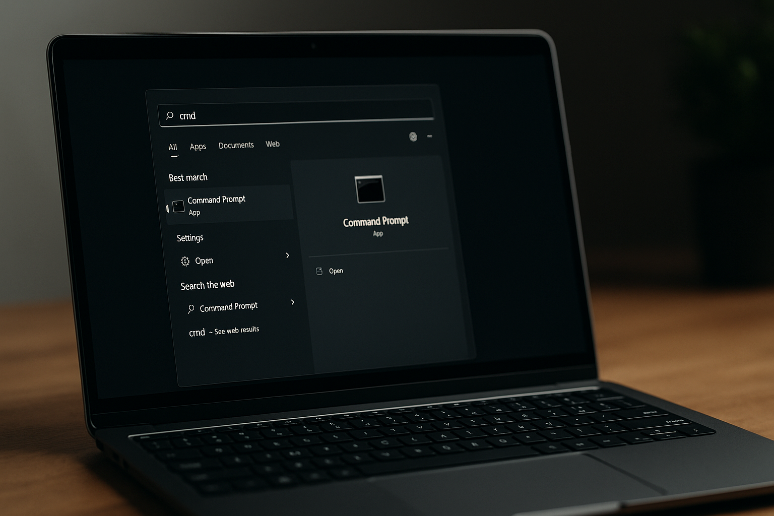 Laptop on a wooden desk with Command Prompt window open on the screen, showing a clean modern workspace.