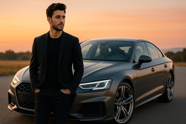 Full-body portrait of a stylish man standing beside a luxury sports car during golden-hour sunset with premium cinematic lighting.