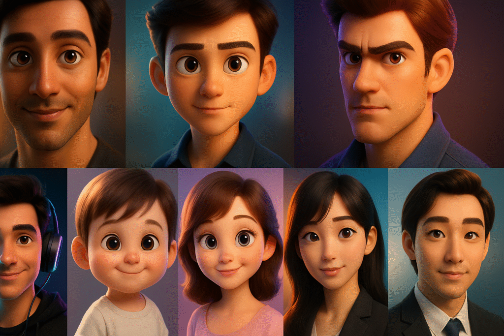 “Compilation of ten ultra-realistic 3D cartoon portraits in Pixar-Disney style featuring diverse male, female, and child characters arranged in two rows.”
