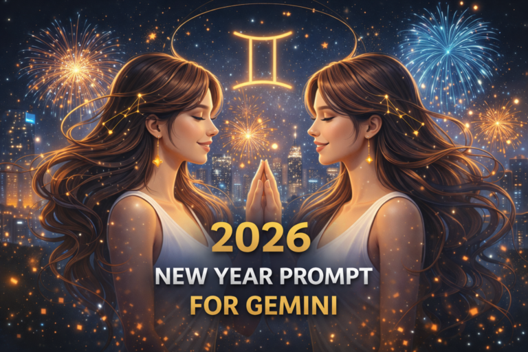 2026 New Year prompt for Gemini showing twin Gemini figures with fireworks and a hopeful new year celebration theme.