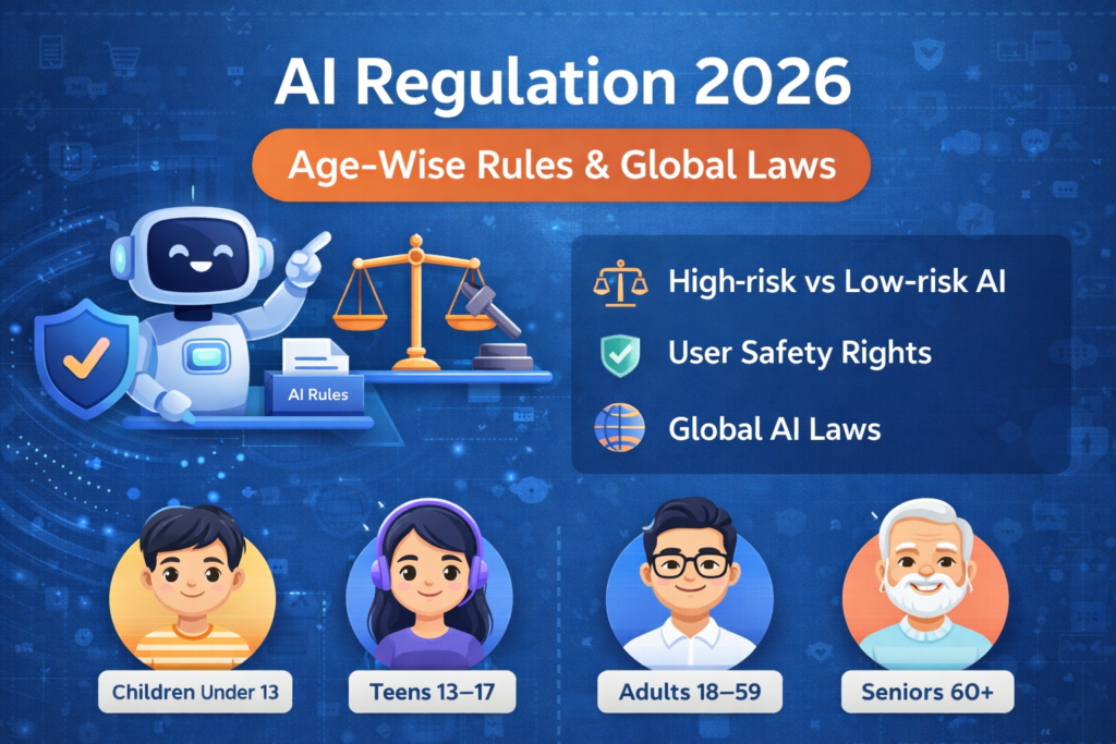 AI regulation 2026 concept showing age-wise rules and AI laws