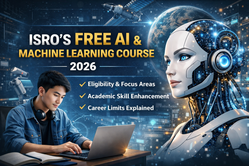 ISRO free AI ML course 2026 explained with a student learning artificial intelligence and machine learning concepts in a scientific and academic environment.