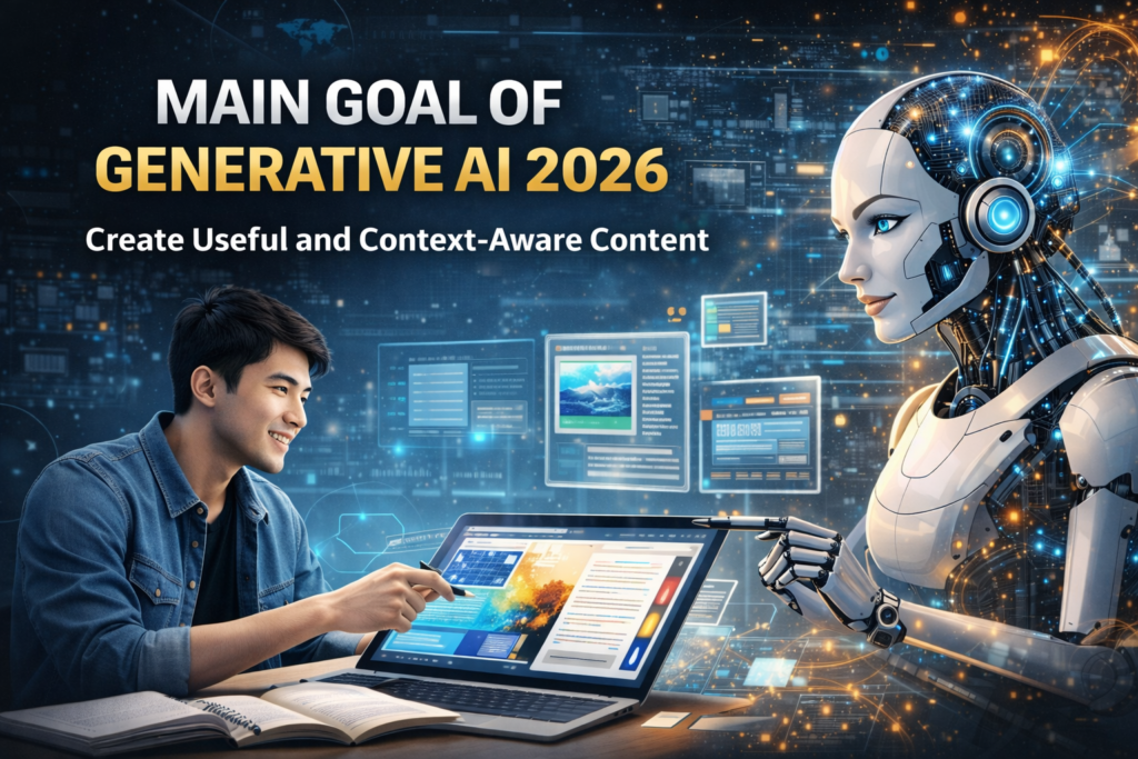 Main goal of generative AI in 2026 shown through human and artificial intelligence working together to create useful and context-aware content.