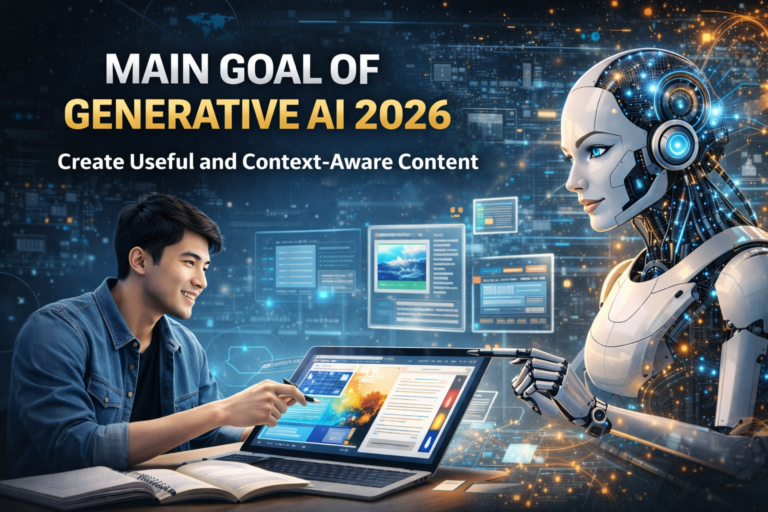 Main goal of generative AI in 2026 shown through human and artificial intelligence working together to create useful and context-aware content.