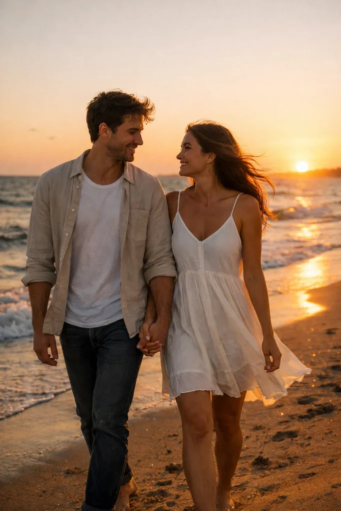 A romantic couple walking near sea shore.
Sunset light.
Soft wind.
Natural expression.
Realistic photography.
Warm colors.
DSLR camera.
Cinematic look.
Clean background.
