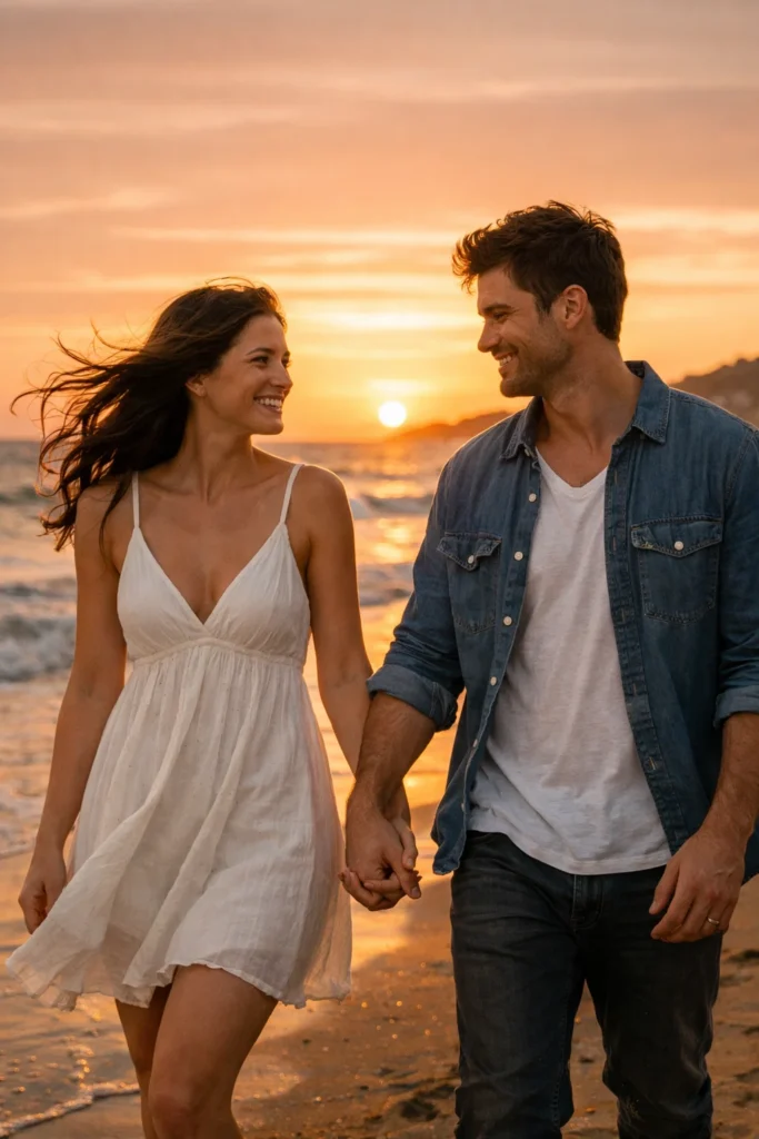 Create a realistic romantic couple walking near sea beach during sunset, holding hands, wind moving hair, orange sky, soft sunlight, cinematic photography, ultra realistic, DSLR camera style, natural skin details, no text, no watermark