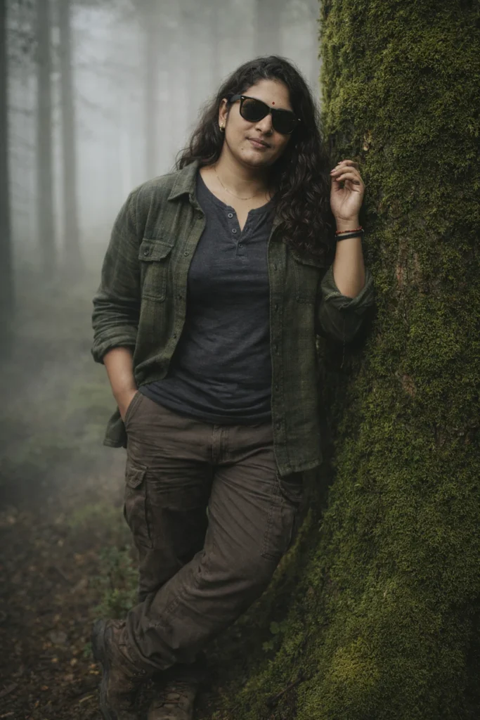 A full-body hyper-realistic portrait of [uploaded person] leaning naturally against a huge moss-covered pine tree deep inside the German Black Forest. Thick fog surrounds the forest floor and ancient trees fade into the background. [He/She] wears a charcoal grey henley shirt under an open olive-green flannel overshirt, rugged dark brown cargo pants, and worn leather hiking boots. Add matte black Wayfarer sunglasses and a calm, thoughtful expression. One hand is in his pocket while the other touches the tree bark. The background is softly blurred with cinematic depth of field. Realistic morning fog, earthy green color tones, 50mm photography, natural skin texture, detailed beard and hair, realistic fabric texture.