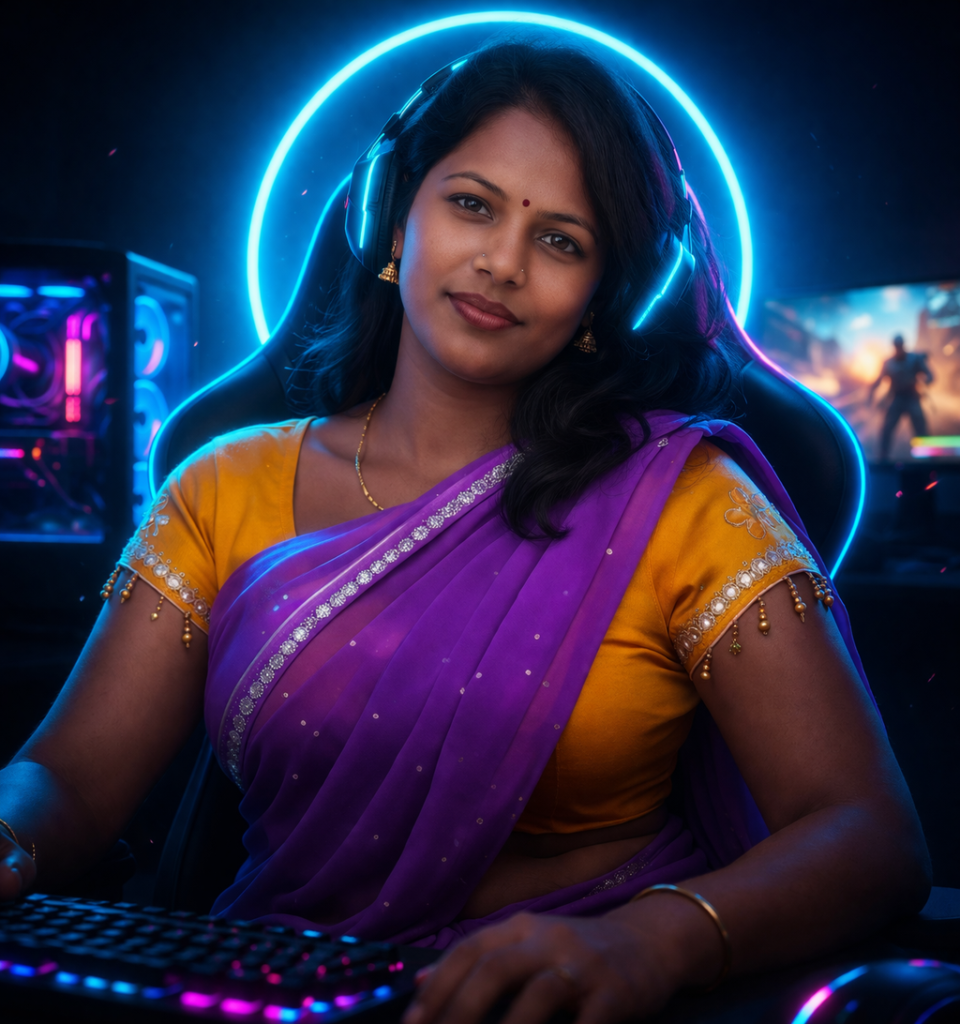 Make this photo into gaming Instagram profile style, blue neon light, dark room background, glow effect, realistic face, sharp focus, modern social media DP edit.