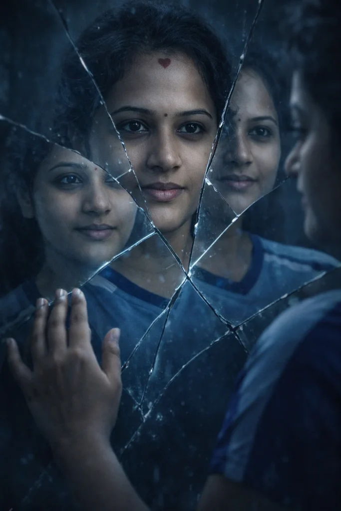Create a dramatic portrait of the uploaded person standing in front of a cracked mirror. Keep the face exactly the same as the uploaded image. The mirror should be broken into several large pieces, each reflecting a different angle of [his/her] face. Use moody blue-grey lighting and a dark blurred background. Add realistic glass reflections, subtle shadows, and cinematic detail. The person should look calm and thoughtful while touching the cracked mirror with one hand.