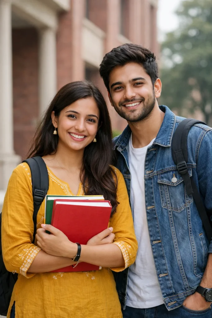 Create a realistic college couple standing together near campus building, girl holding books, boy smiling, casual dress, natural light, realistic photography, Indian style, DSLR photo, clean background, no watermark