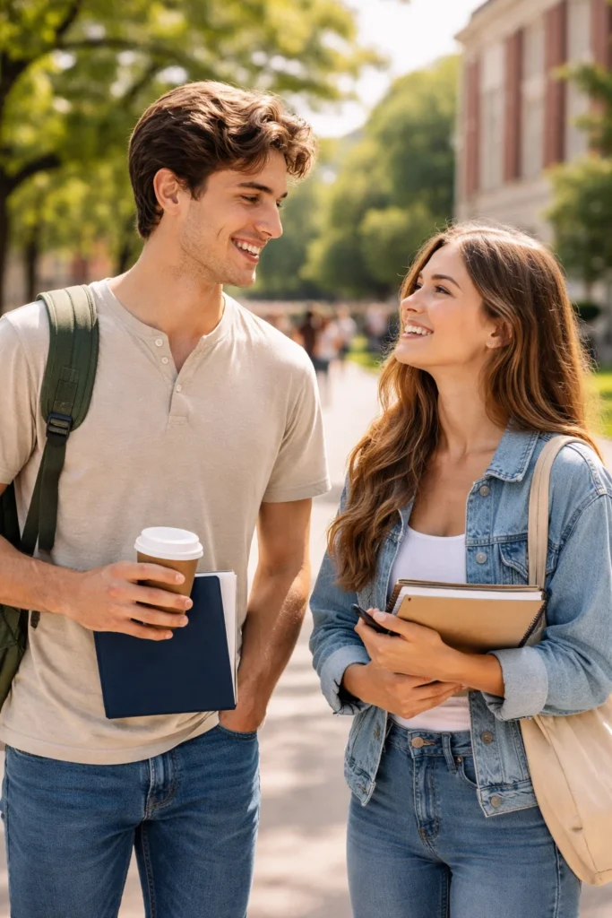 Young couple talking and smiling.
College campus background.
Casual clothes.
Daylight.
Candid moment.
Realistic photography.
Natural colors.
DSLR style.
Clean scene.