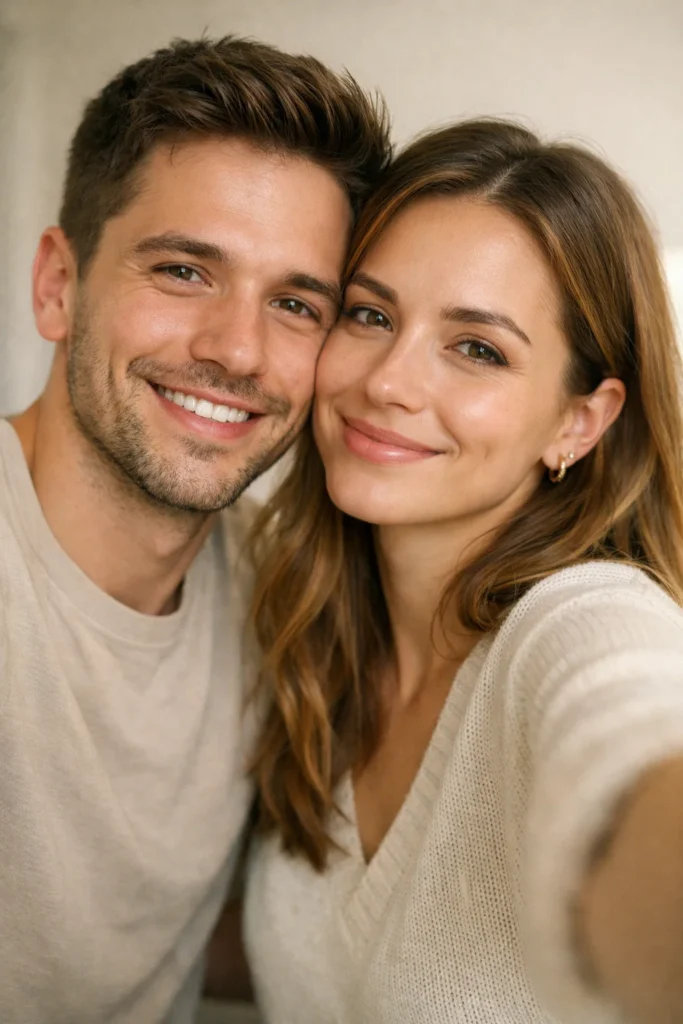 A happy couple taking selfie together.
Natural light.
Close up.
Realistic skin.
Soft smile.
DSLR style.
Clean background.
Warm tone.
High realism.